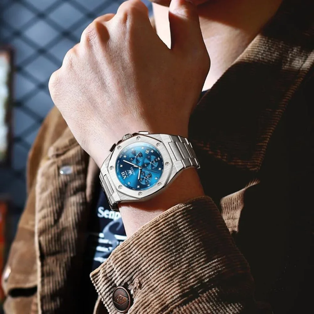 Olevs Men's Silver Blue Stain Steel Man Watch with Date Luminous Stylish Watch